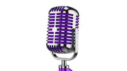 Retro Style Microphone with Silver Casing and Purple Grille and Base on Black Background