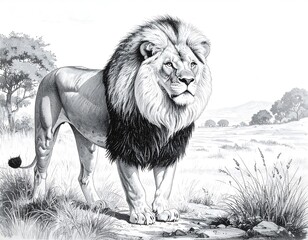 A majestic male feline, rendered in monochrome. It stands proudly, gazing outwards, amidst a grassy savanna scene, with distant trees