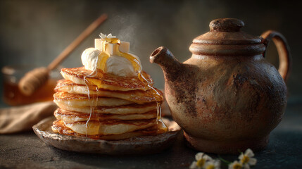 Stack of golden pancakes topped with honey, butter, and cream, beside a rustic earthenware teapot. Delicious still life