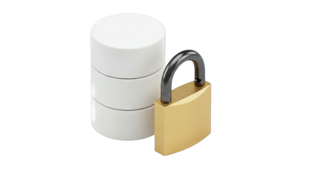 Secure Database Icon Representing Data Protection and Privacy With a Padlock Symbol and Stacked Disks On a Transparent Background