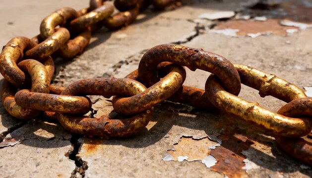 Old rusted metal chain links lying on cracked ground, weathered texture, weathered metal corrosion close up.