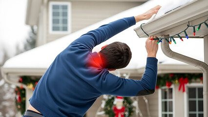 Man with neck pain while hanging Christmas lights on snowy house, highlighting holiday decorating injury and discomfort