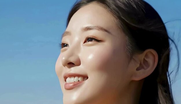 Radiant Asian woman with glass skin smiling in bright summer sun against blue sky