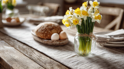 Daffodils, rustic bread, and eggs on a wooden table. Bright, simple spring breakfast or Easter morning setting