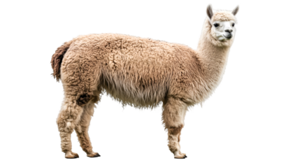 Side view of a light brown alpaca with white face standing against a black background in a field