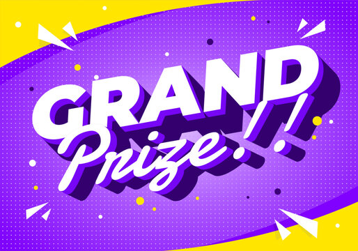 Bold and colorful Grand Prize text on a vibrant purple and yellow background with dynamic shapes