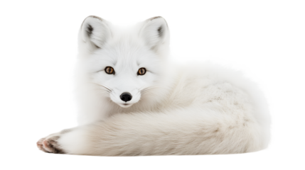 A pristine white arctic fox resting peacefully against a black backdrop looking directly at the viewer