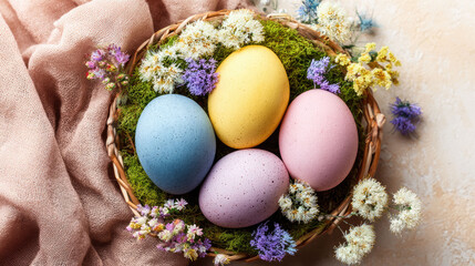 Top-down flat lay of four pastel Easter eggs (yellow, pink, blue, speckled purple) in a straw nest surrounded by moss and dried spring flowers, set on a beige fabric