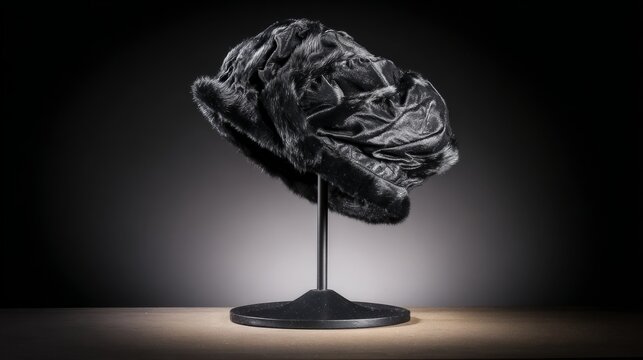 karakul. A black karakul fur hat with a silky sheen, elegantly displayed. lifestyle magazines, social media lookbooks, designed for influencer and brand collaborations, strengthens branding.
