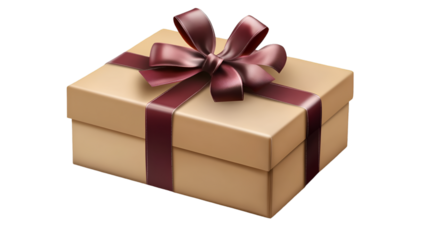 A tan gift box with a dark red ribbon and bow sitting on a black background in a studio shot