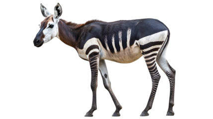 Okapi standing in a black background showing its unique stripes and coloration in a side view
