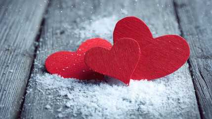 Overlapping red paper hearts nestled in snow on a rustic wooden background with falling snowflakes