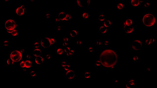 A dense cluster of luminous red bubbles floats upwards against dark background. For medical concepts like blood cells or abstract backgrounds. Seamless loop