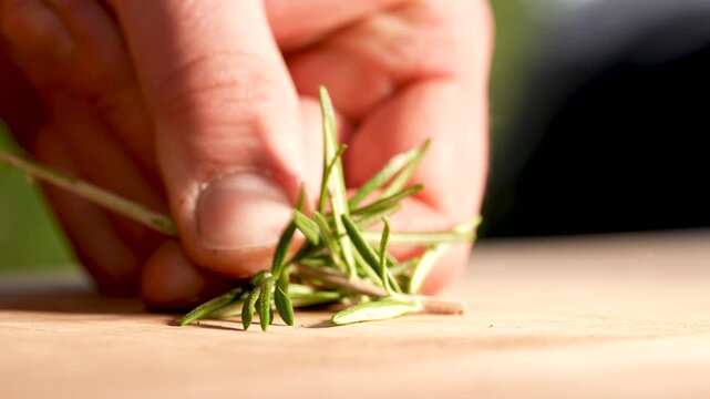 Close-up of rosemary being pulled off its stem by hand. The gentle motion highlights the aromatic needles, fresh green color and natural texture of the herb.