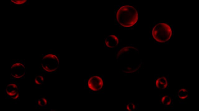 Luminous red bubbles float upwards against dark background. For medical, abstract, or beverage concepts like wine or soda. Seamless loop