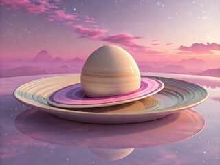 Surreal egg-shaped saturn resting on stacked plates with soft pastel sky reflection