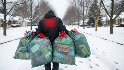 Person carrying many festive holiday gifts in bags down a snowy suburban street in winter