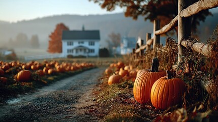 Pumpkins beside Fence on Farm Road at Autumn Sunrise