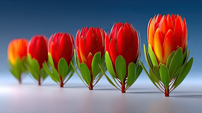 Protea Flowers in a Row on Blue Background