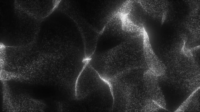 Luminous white particles form caustic patterns, simulating light reflecting on a dark water surface. For elegant or abstract backgrounds. Seamless loop