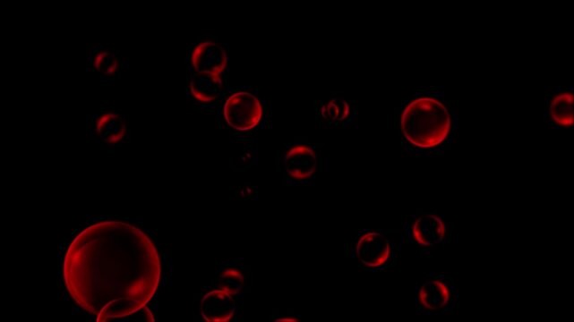 Luminous red bubbles of various sizes float and drift upwards against dark background. For medical or abstract concepts. Seamless loop