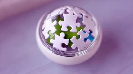 Puzzle Pieces Enclosed in Sphere on Purple Surface