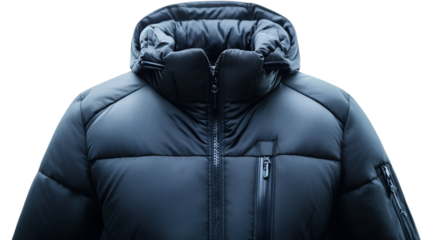 Close up shot of a dark blue puffer jacket with a hood and zippers on a black background plain view