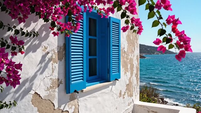 Mediterranean Window View: Blue Shutters, Bougainvillea, and Ocean Scene