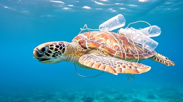 Sea turtle entangled in plastic pollution, marine life endangerment crisis