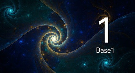 Stunning fractal spiral galaxy with number one and Base1 text overlay for science and technology