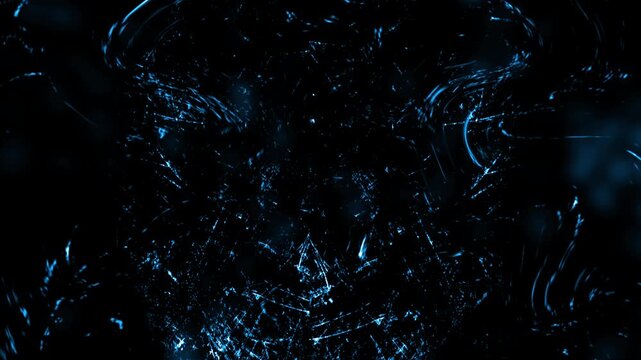 A dark, abstract background with a texture of glowing blue scratches, dust, and particles. For technology or grunge themes. Seamless loop