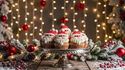 santa cupcakes on cake stand, group of playful treats with mini hats and piped beards, silver stand surrounded by frosted pine branches and red baubles, warm twinkle lights creating festive bokeh. - Powered by Adobe
