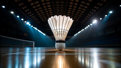 Action shot of shuttlecock on court ready for dynamic badminton game under bright lights