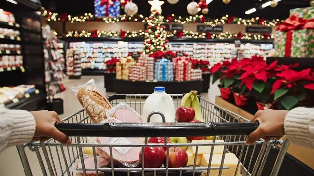 holiday grocery shopping shopper pushing cart through festive supermarket aisle filled with poinsettias wrapped presents twinkling lights stocked shelves cart holds milk bread apples baguette warm.