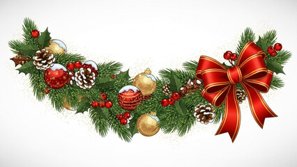 Festive christmas garland featuring evergreen branches holly leaves red and gold ornaments pine cones and a large red bow with gold trim perfect for holiday decorations