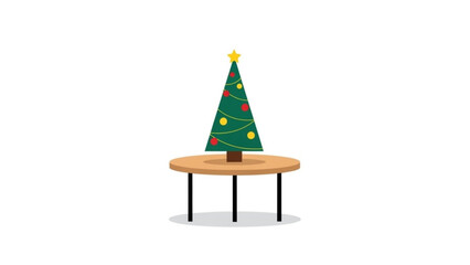 A simple festive green christmas tree adorned with red and yellow baubles and a golden star sits on a round wooden table with black legs against a clean white background