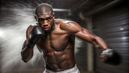 Intense boxer throwing a powerful punch, demonstrating strength and determination training