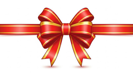 A vibrant red satin gift bow with elegant gold trim is centered on a white background adorned with a matching ribbon extending horizontally across the frame symbolizing celebration and luxury