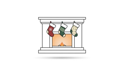 Cozy christmas fireplace with three festive stockings hanging above a warm glowing fire on a white background with a subtle shadow effect