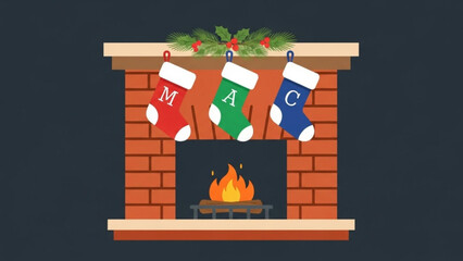 Cozy christmas fireplace with burning logs and festive stockings hanging on the mantelpiece adorned with holly and pine branches