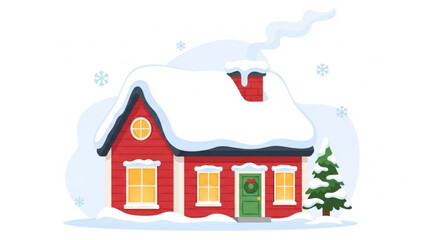 Charming red cottage nestled in a winter wonderland with snow falling and smoke gently rising from the chimney