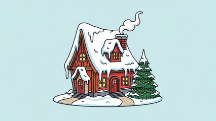 Charming cartoon red house covered in snow with a decorated christmas tree and smoke coming from the chimney on a light blue background