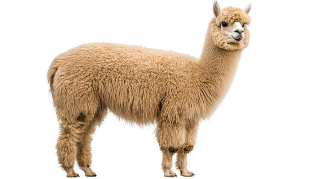Full body shot of a light brown alpaca standing against a black background in a studio setting - Powered by Adobe