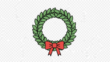 A simple green laurel wreath with a red bow at the bottom perfect for holiday decorations and festive designs