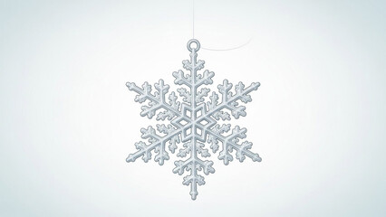 A single detailed crystalline snowflake ornament hangs suspended by a thin thread against a soft gradient light blue background representing winter