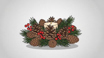 A charming hand drawn illustration of a festive winter centerpiece featuring a lit candle surrounded by pine cones evergreen branches and bright red berries on a clean light gray background