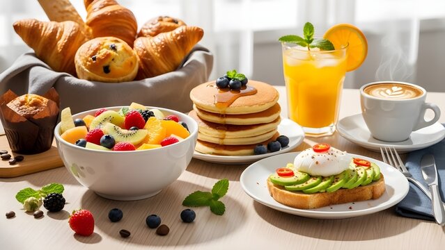 Breakfast spread with fruit pancakes juice and coffee