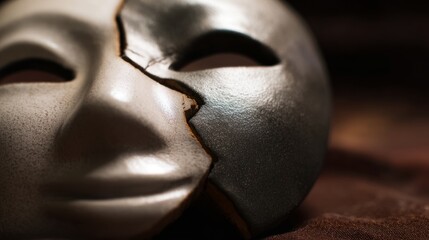 plasm. A broken ceramic mask reveals a metallic surface beneath, symbolic contrast in studio lighting. event programs, museum guides, designed for cultural heritage projects and event programs.
