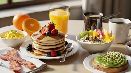 Breakfast table spread with pancakes and assorted food