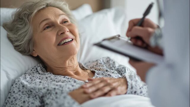 Elderly woman smiling while talking to doctor in hospital bed  